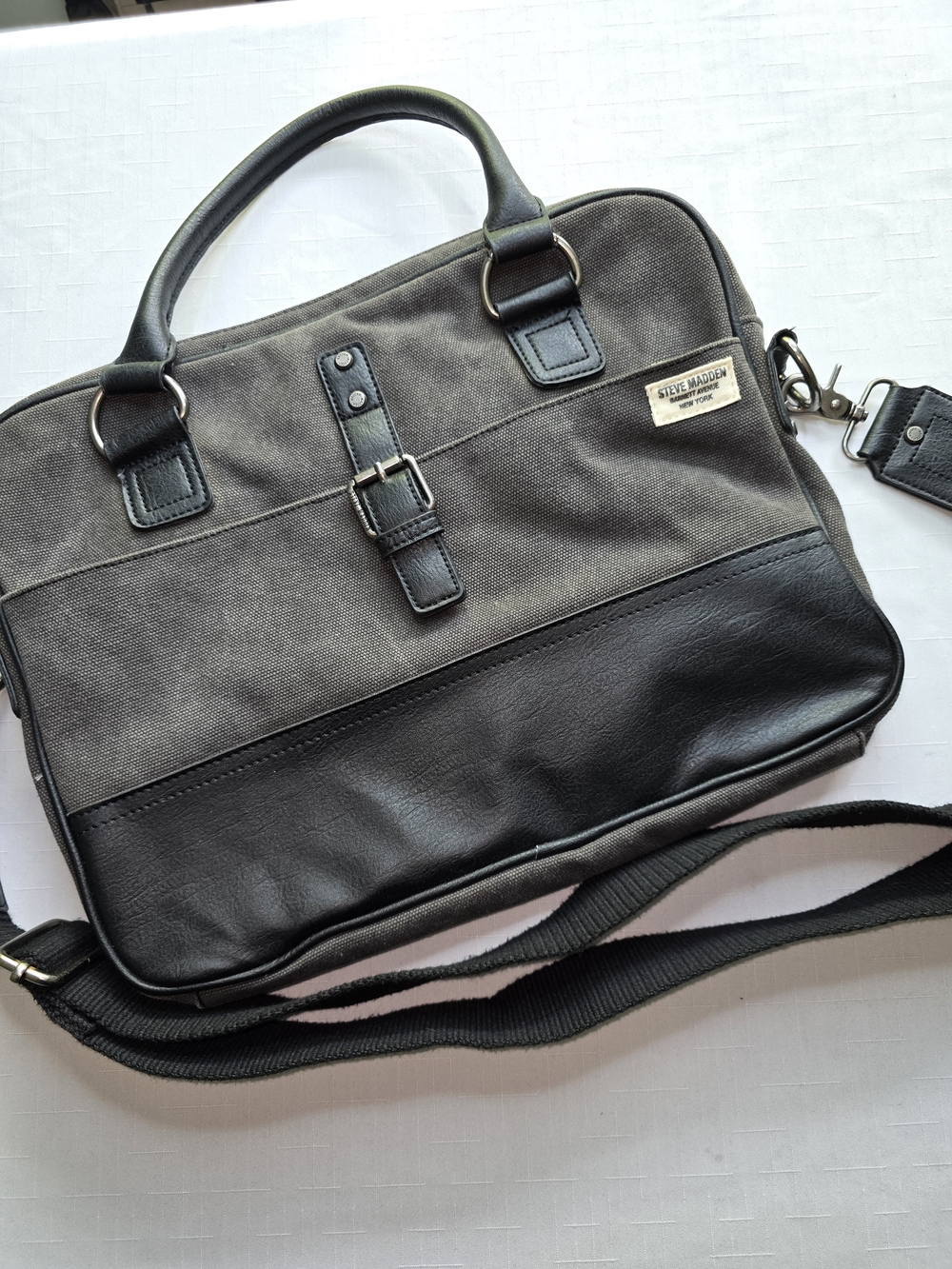 Steve Madden Black and Gray Canvas & Faux Pebble Leather Messenger Bag
